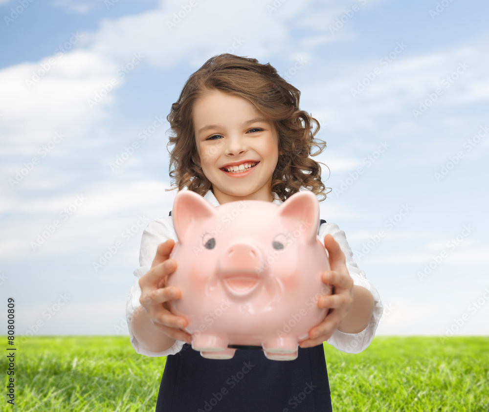 Sticker happy girl holding piggy bank