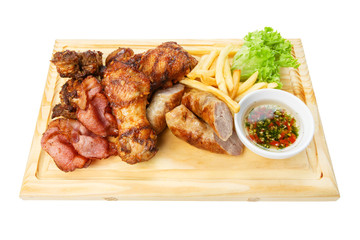 Restaurant food isolated - grilled meat assortment served on woo