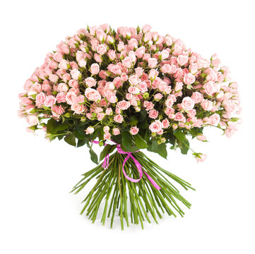 Big flower bouquet from bright pink roses isolated on white back
