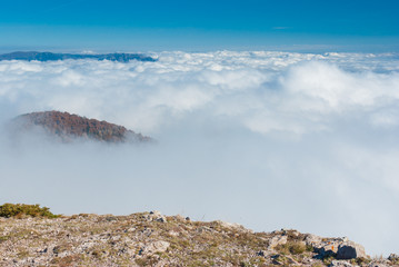 Blanket of fog in autumnal mountains