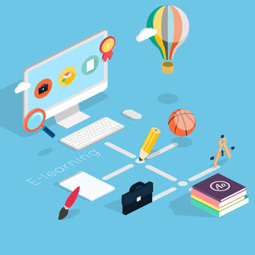 Flat 3d isometric concept of online education.