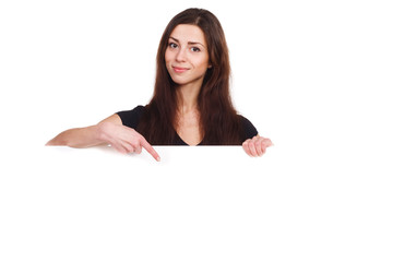 attractive girl pointing to blank ad
