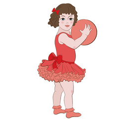 Infant girl wearing red ballet suite playing with ball