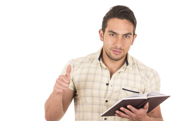young handsome male teacher holding notebook