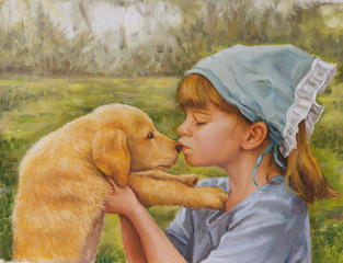 on canvas portrait of a little girl and her dog - 80811639