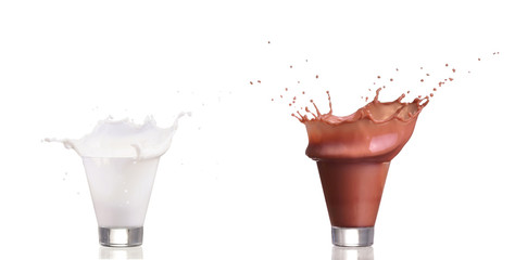 Milk and chocolate cacao splash in a glass isolated on white