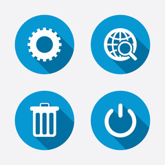 Obraz premium Globe magnifier glass and gear signs.