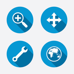 Magnifier glass and globe signs. Fullscreen.