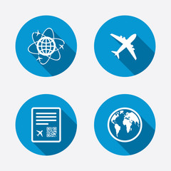Airplane icons. World globe symbol.