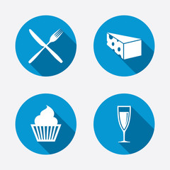 Food icons. Muffin cupcake symbol. Fork, knife.