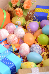 Fototapeta na wymiar Easter setting with gift box and spring decoration