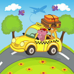 animals traveling in taxi - vector illustration, eps