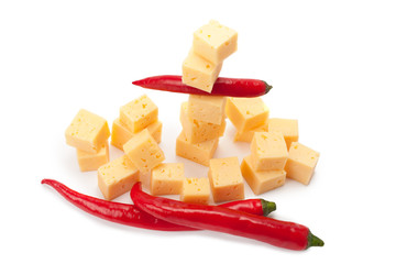 cubes of cheese and chili peppers