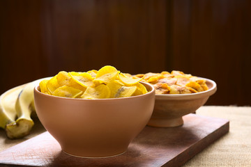 Bowls of salty (front) and sweet (back) plantain chips