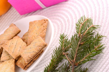 sweet cake on white plate and fruits and red gift box