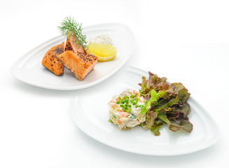 Set of international dishes arranged for catering, studio shot