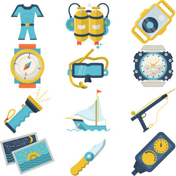 Diving sport flat color vector icons