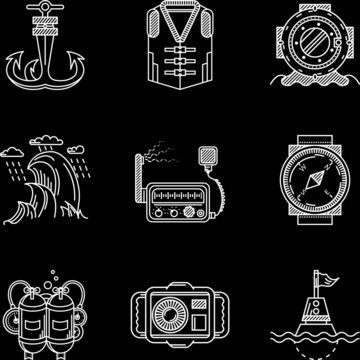 White line vector icons for marine equipment