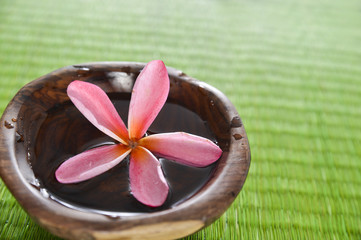 Red frangipani flower in wooden bowl on straw mat