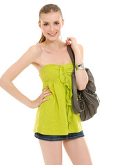 Attractive young girl in casual with bag isolated