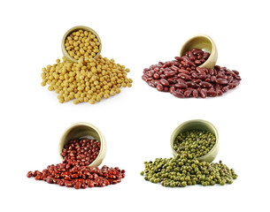 soya beans,kidney beans ,Red beans,Green beans on white