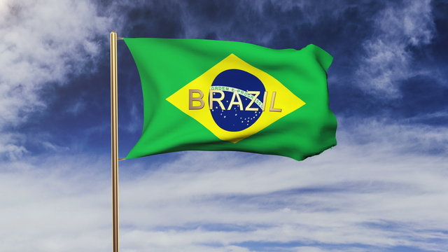 Brazil flag with title waving in the wind. Looping sun rises