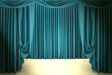 Open blue theater curtain. 3d illustration