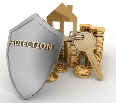 House with key on Pile of gold coins and shield