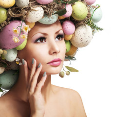 Easter Woman. Spring Girl with Fashion Hairstyle. Portrait