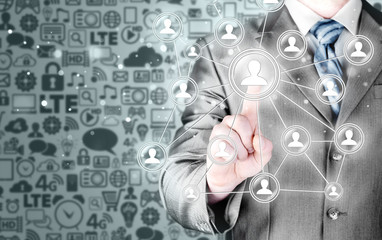 man hand pressing social media icon