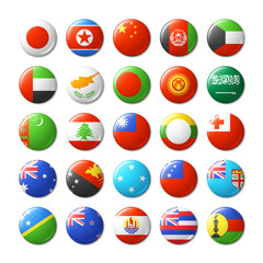 World flags round badges, magnets. Asia and Oceania.