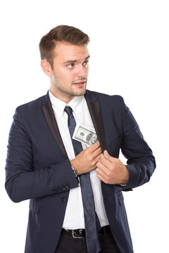 Young businessman with dollar on his hands