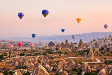 Hot air balloon flying over Cappadocia Turkey