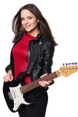 Sexy girl with electric guitar against white background