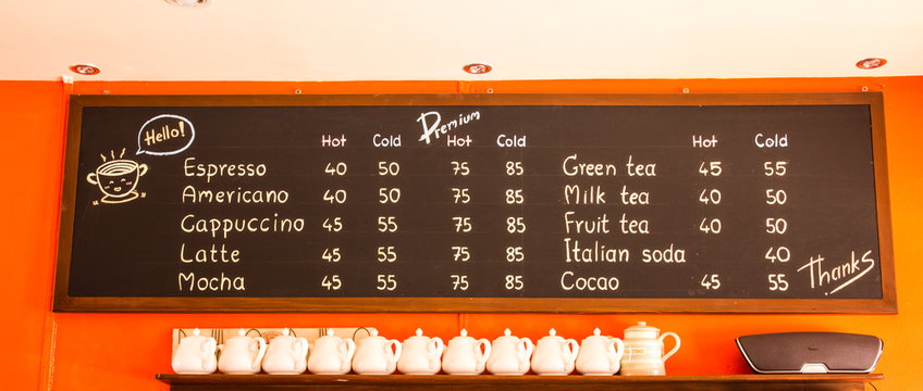 coffee and beverage menu on blackboard