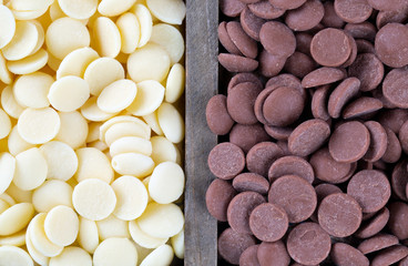 milk and white chocolate chips in a wooden  box
