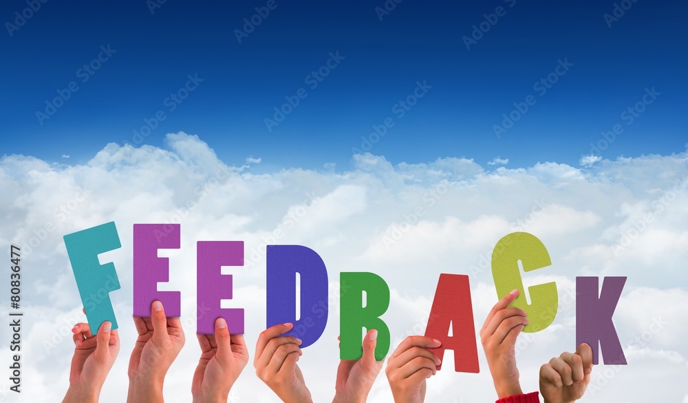Poster composite image of hands holding up feedback