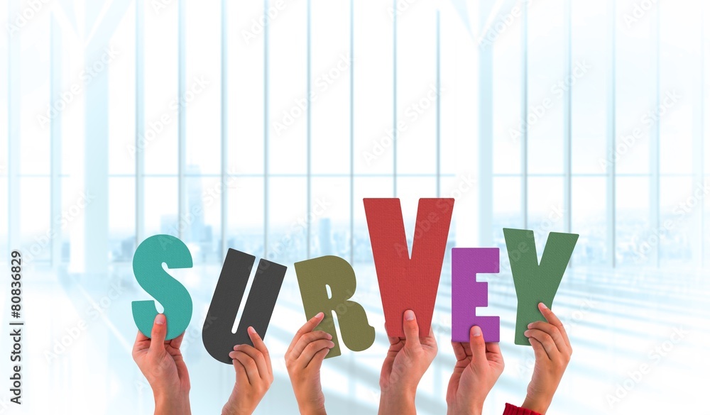 Poster composite image of hands holding up survey
