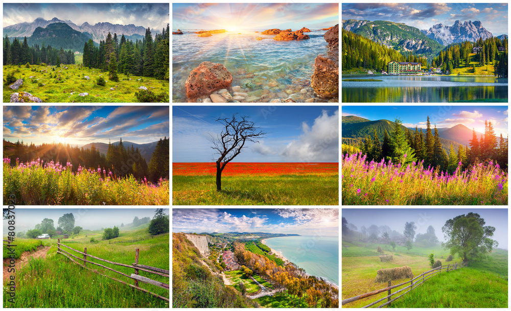 Wall mural collage with 9 colorful summer landscapes.