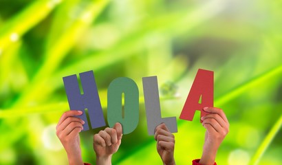 Composite image of hands holding up hola © WavebreakmediaMicro