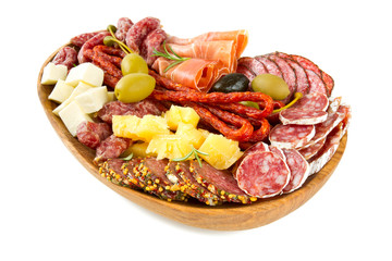 Antipasti and catering platter with different meat and cheese pr