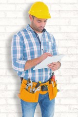 Composite image of manual worker writing on clipboard