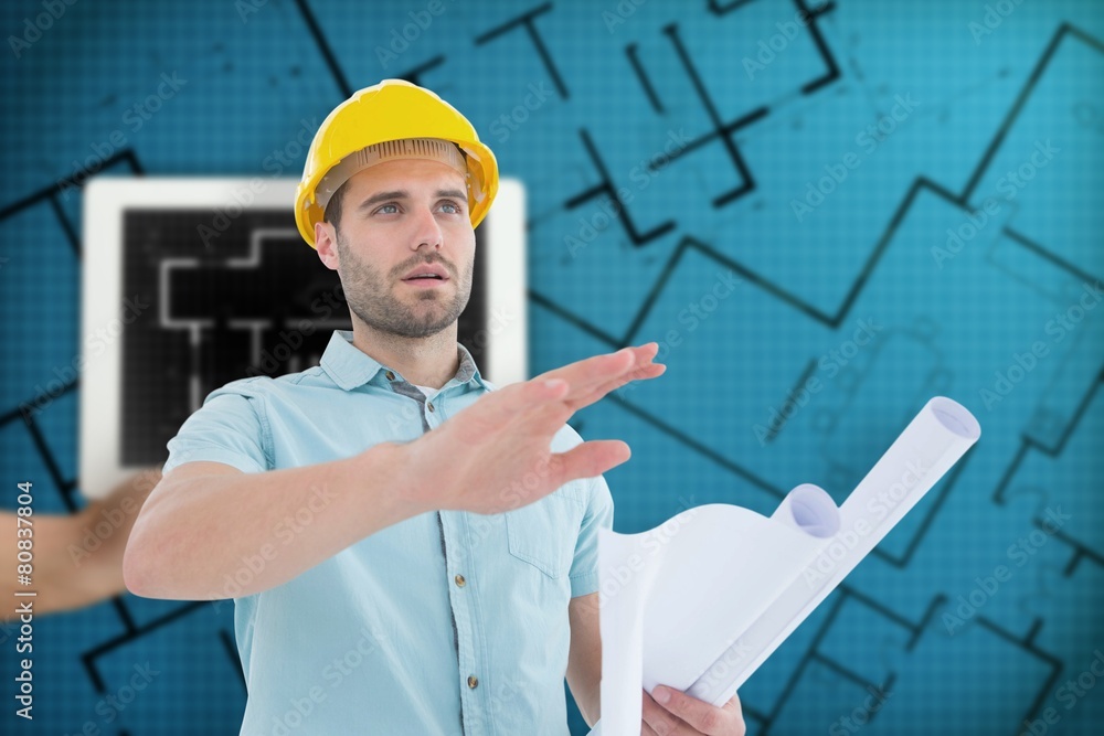 Poster Architect with blueprint gesturing