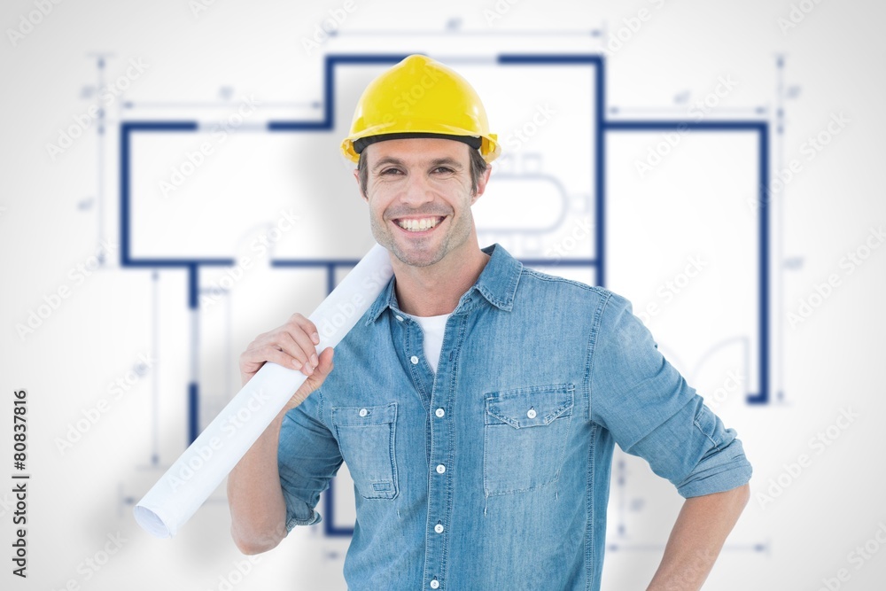Poster Composite image of confident architect holding rolled blueprint