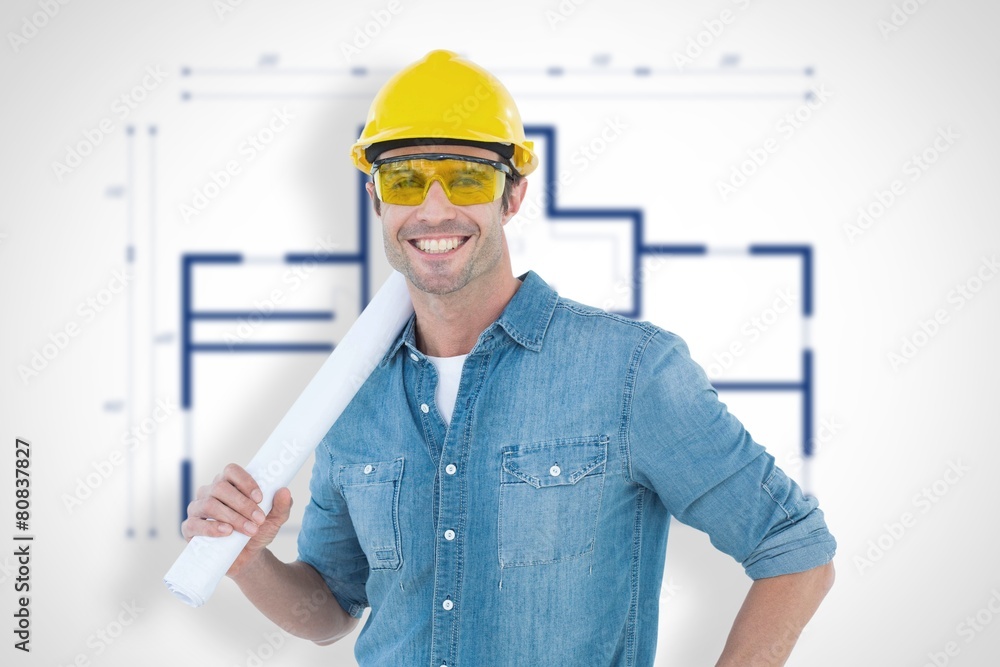 Poster Composite image of architect holding rolled blueprint