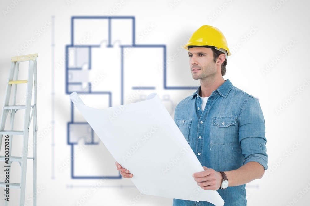 Poster composite image of architect holding blueprint in house