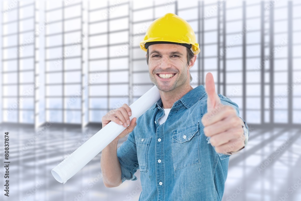 Poster Architect holding blueprint while gesturing thumb up