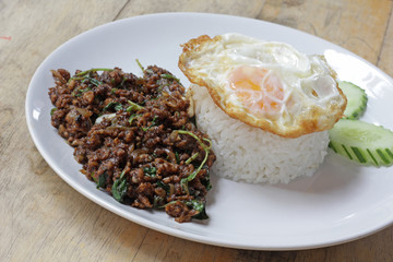 Stir-fried minced pork with holy basil and steamed rice