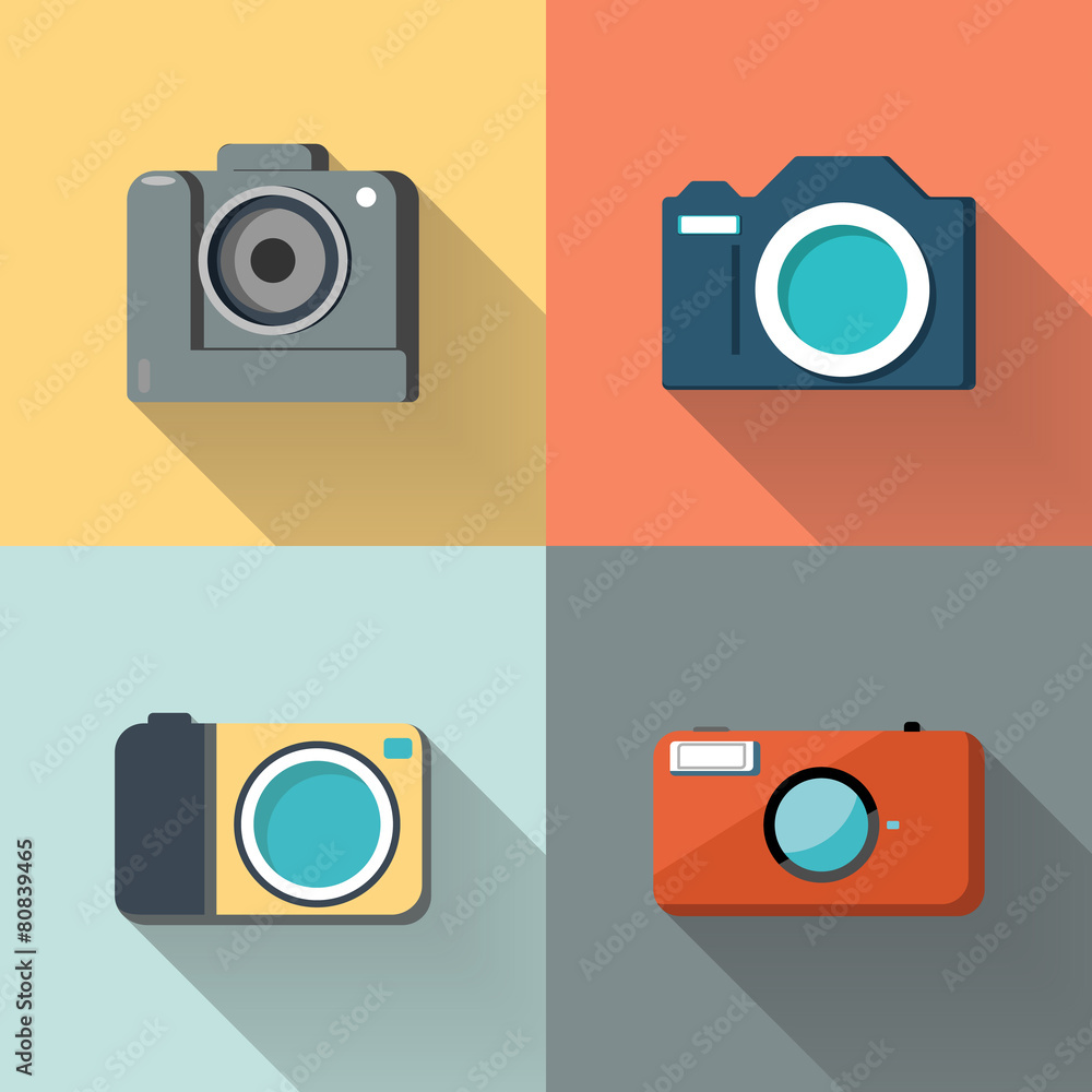Poster Set of photo cameras on color background.