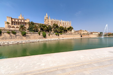 Naklejka premium The Cathedral and the fountain in Palma de Mallorca